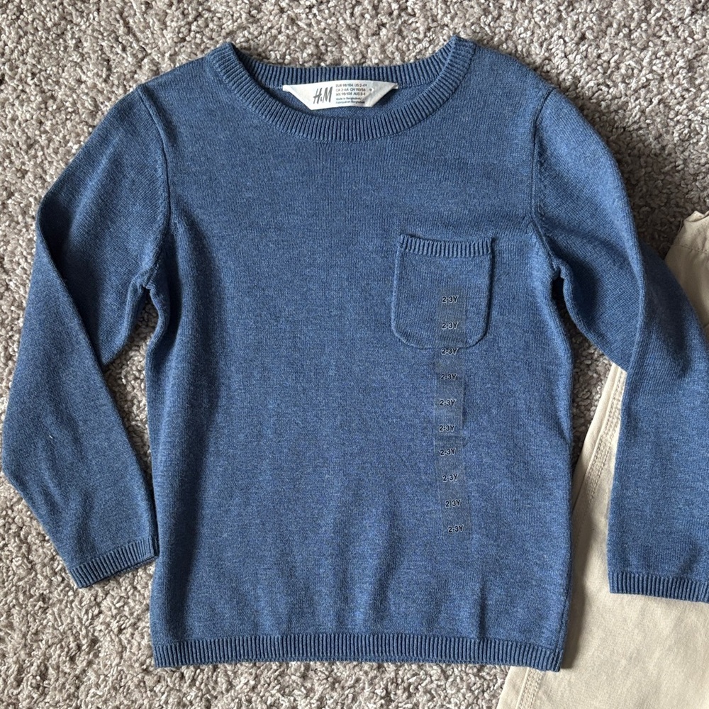🔥🔥NWT H&M Denim Blue Knit Sweater Top with Chest Pocket, and khaki cotton pants